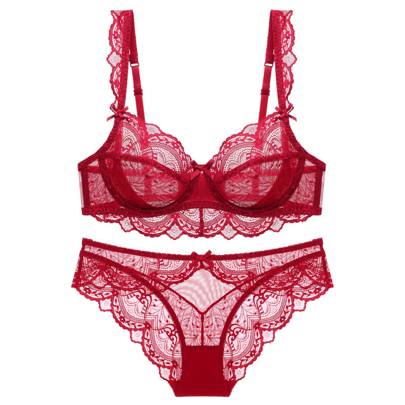 Sexy Underwear Women Ultra Thin Hollow No Sponge Transparent Lace Underwear Big Breasts Small Big Size Bra Set