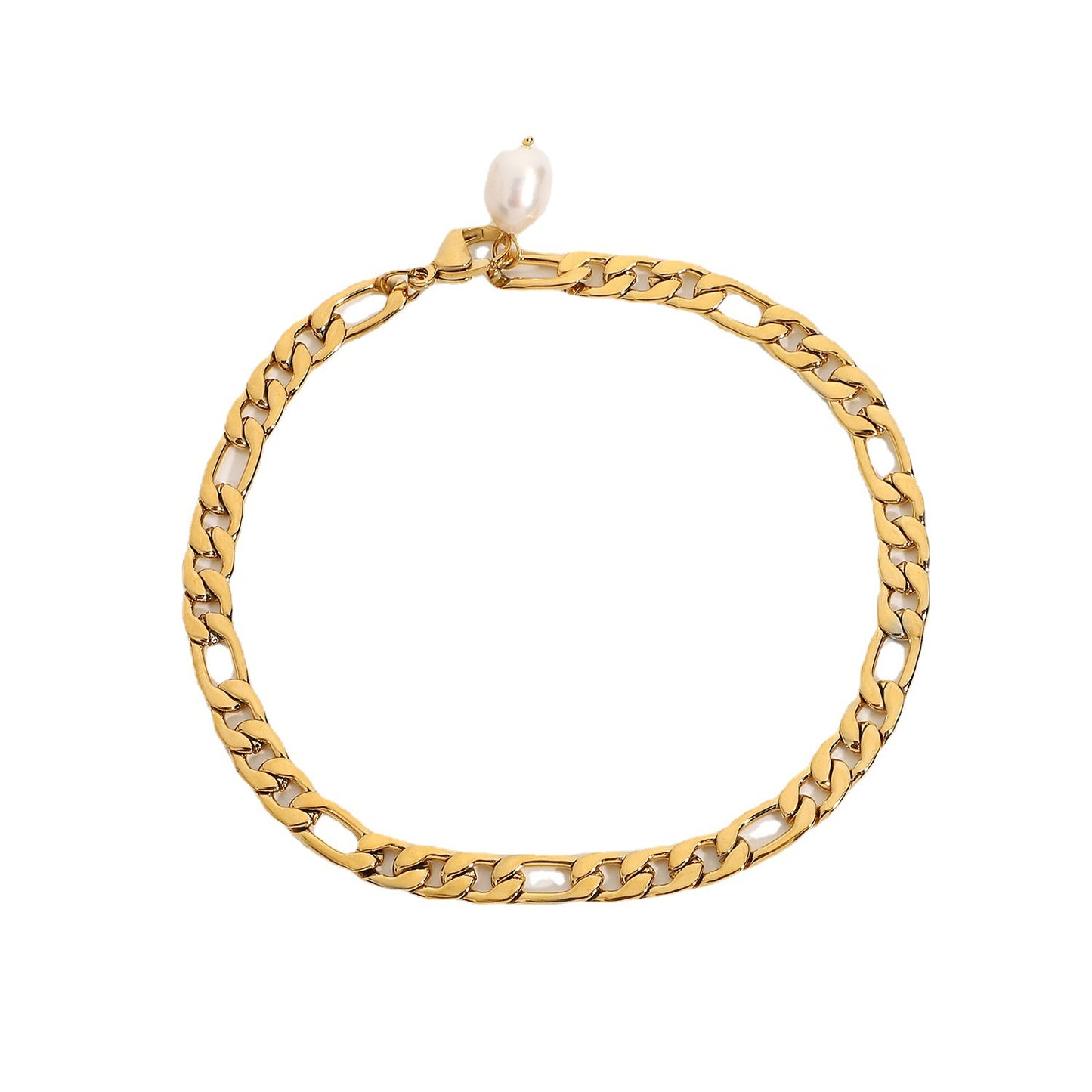 5pcs New Fashion 18K Gold-Plated Stainless Steel Figaro Chain Anklet Light Baroque Pearl Anklet Women