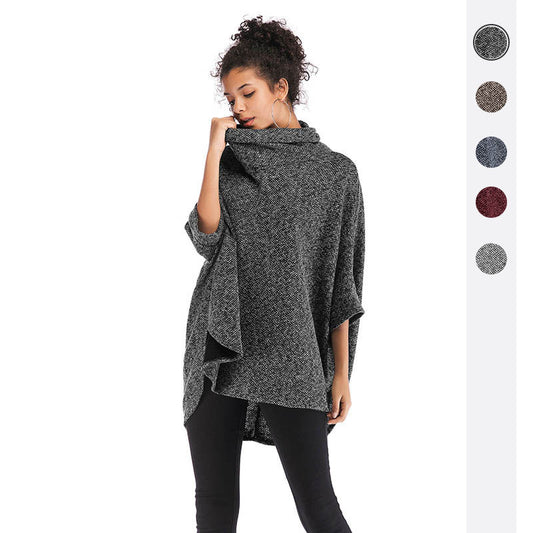 Chic Autumn Elegance: Women's High-Neck Irregular Knitted Long Sleeve Blouse