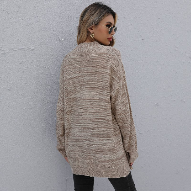 Women's Long-Sleeved Mixed Color Long Coat Sweater