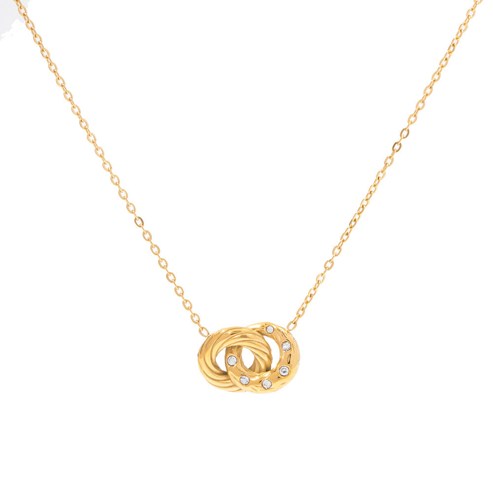 5pcs 18K Gold-Plated Stainless Steel Double Ring Inlaid White Diamond Pendant Necklace Women's Fashion All-Match Titanium Steel Necklace Jewelry