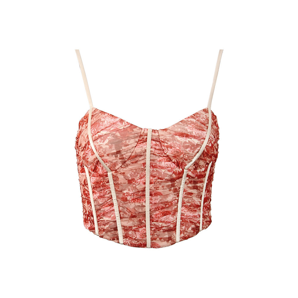 Women's Mesh Printed Halter Fishbone Waist Women's Sexy Crop Top