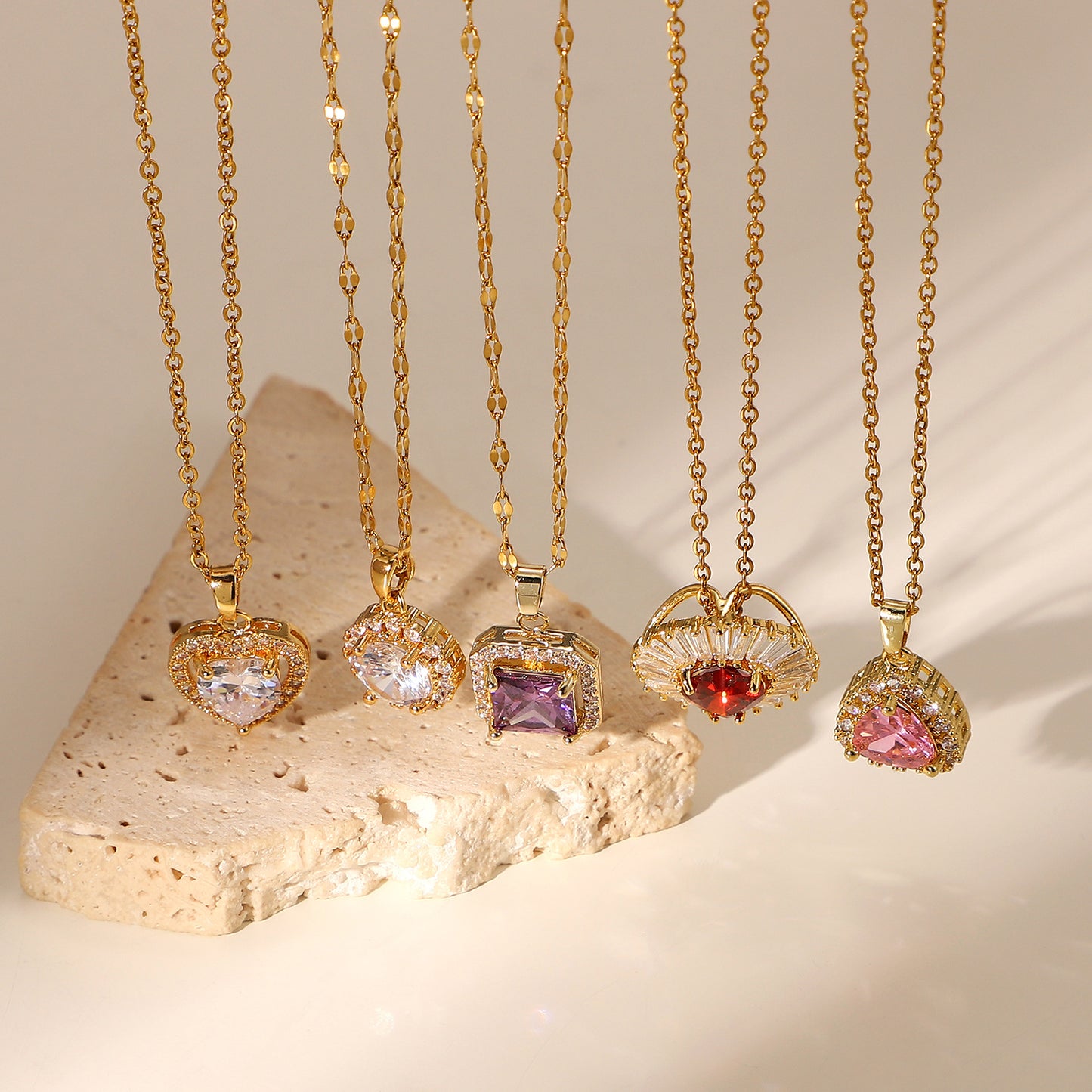 5pcs 18K Stainless Steel Chain White Microinset Zircon Encrusted Purple Square Zircon Pendant Necklace For Ladies