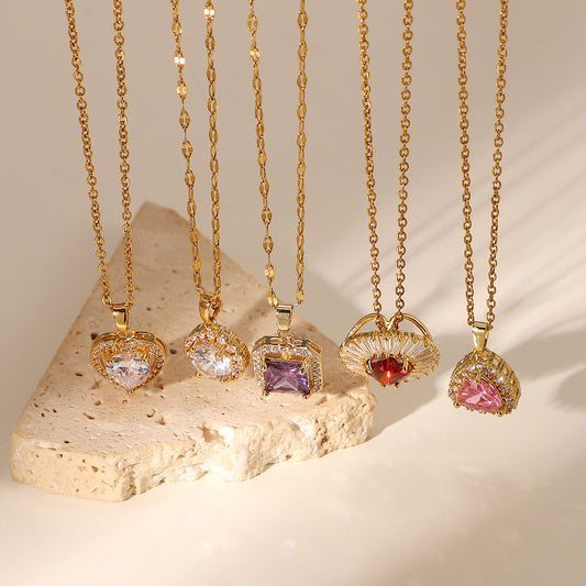 5pcs 18K Stainless Steel Chain White Microinset Zircon Encrusted Purple Square Zircon Pendant Necklace For Ladies