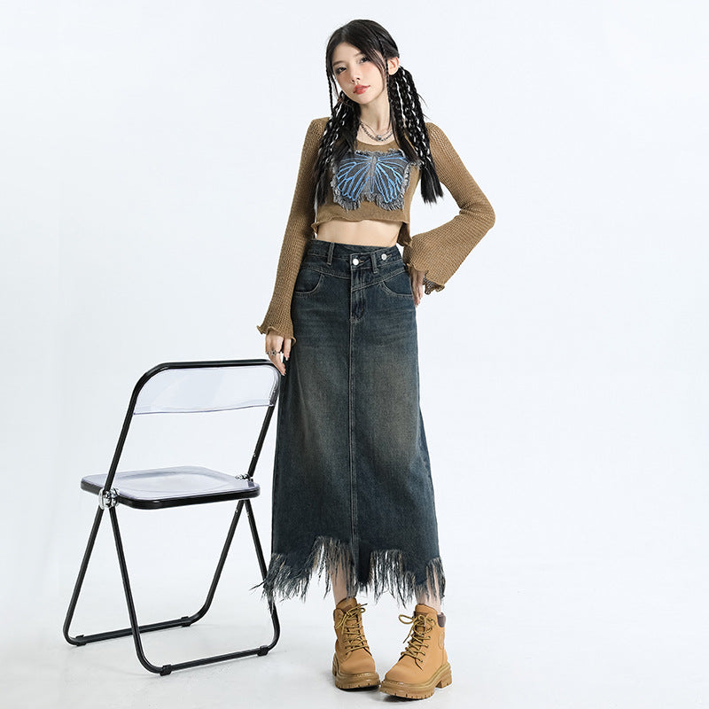 Vintage Fringe Slit High Waist Skirt Women's New Autumn Loose Skinny Long Skirt A Line Wrap Hip Denim Skirt