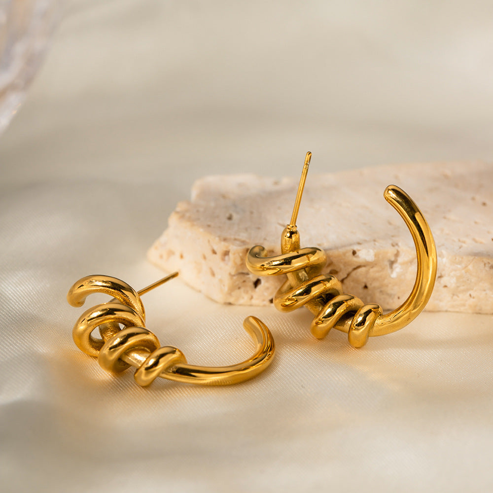 5pcs Fashion Pop Earrings 18K Gold Plated Spiral Coil C Earrings Design Sense Earrings