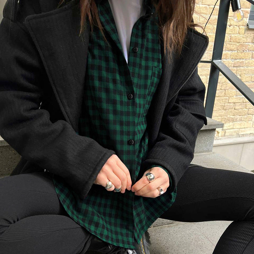 Retro Green Plaid Terylene Cotton Loose Shirt New Autumn Fashion Women's Blouse