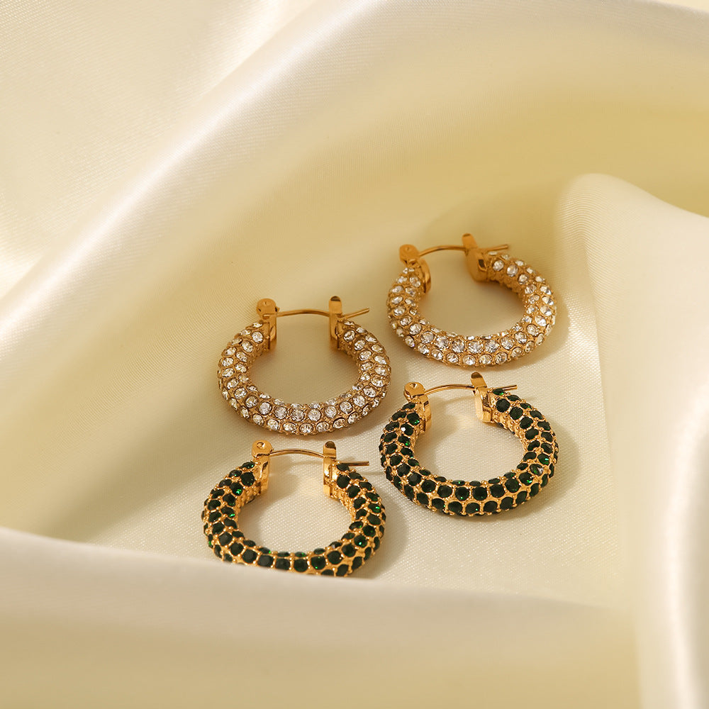 5pcs Fashion Women All Round Hoop Earrings Large Dense Inlaid White/Green Diamond Stainless Steel Earrings Jewelry
