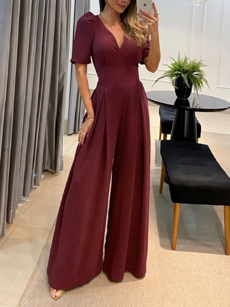 Women's Spring Style Casual V-Neck Lace-Up High Waist Bubble Short Sleeve Wide Leg Jumpsuit