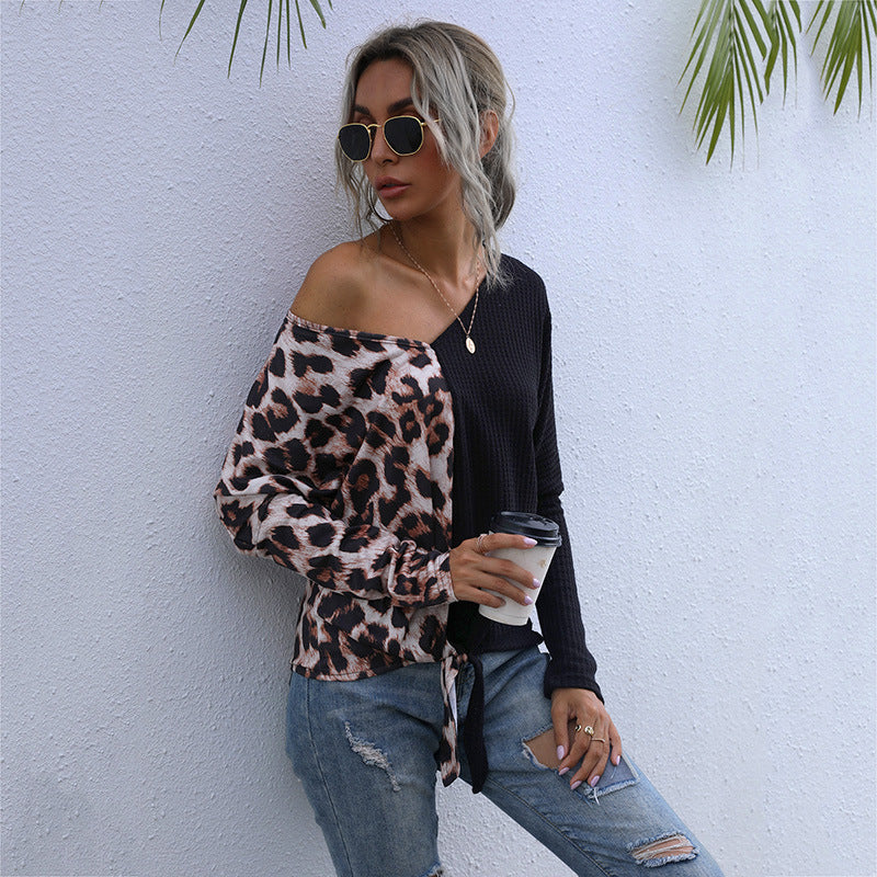 Casual Loose Top Female Splicing Leopard Print V-Neck Long-Sleeved Sweater