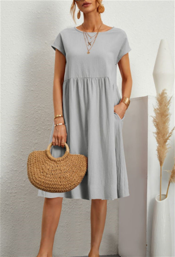 Fashion Ol Quality Women's Solid Color Cotton Linen Round Neck Set A-Line Skirt Dress