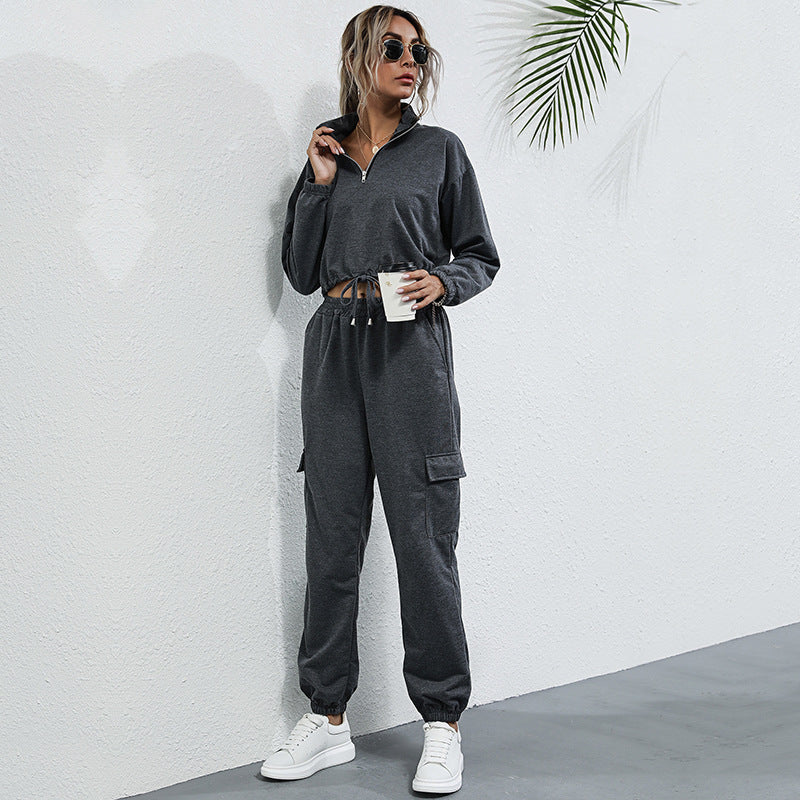 Fashion Trend Women's Two-Piece Solid Color Stand Collar Sports Casual Suit