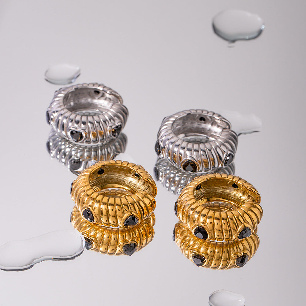5pcs 18K Gold Stainless Steel Inlaid With Black Zircon Bread Earrings Do Not Fade Jewelry