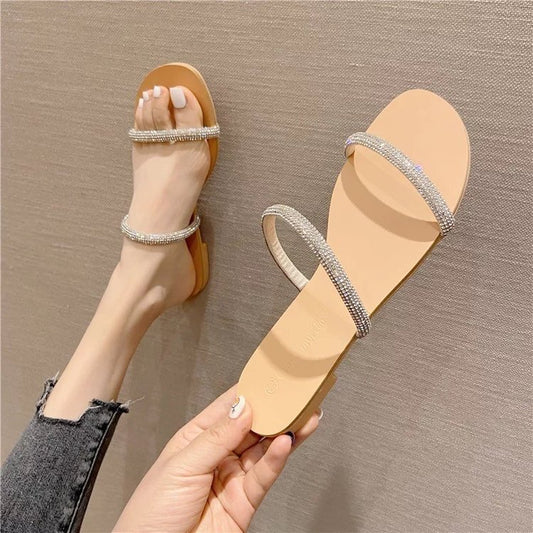 Temperament Sandals Summer New Fairy Wind Line With Diamond Flat Set Toe Slippers Outside To Wear