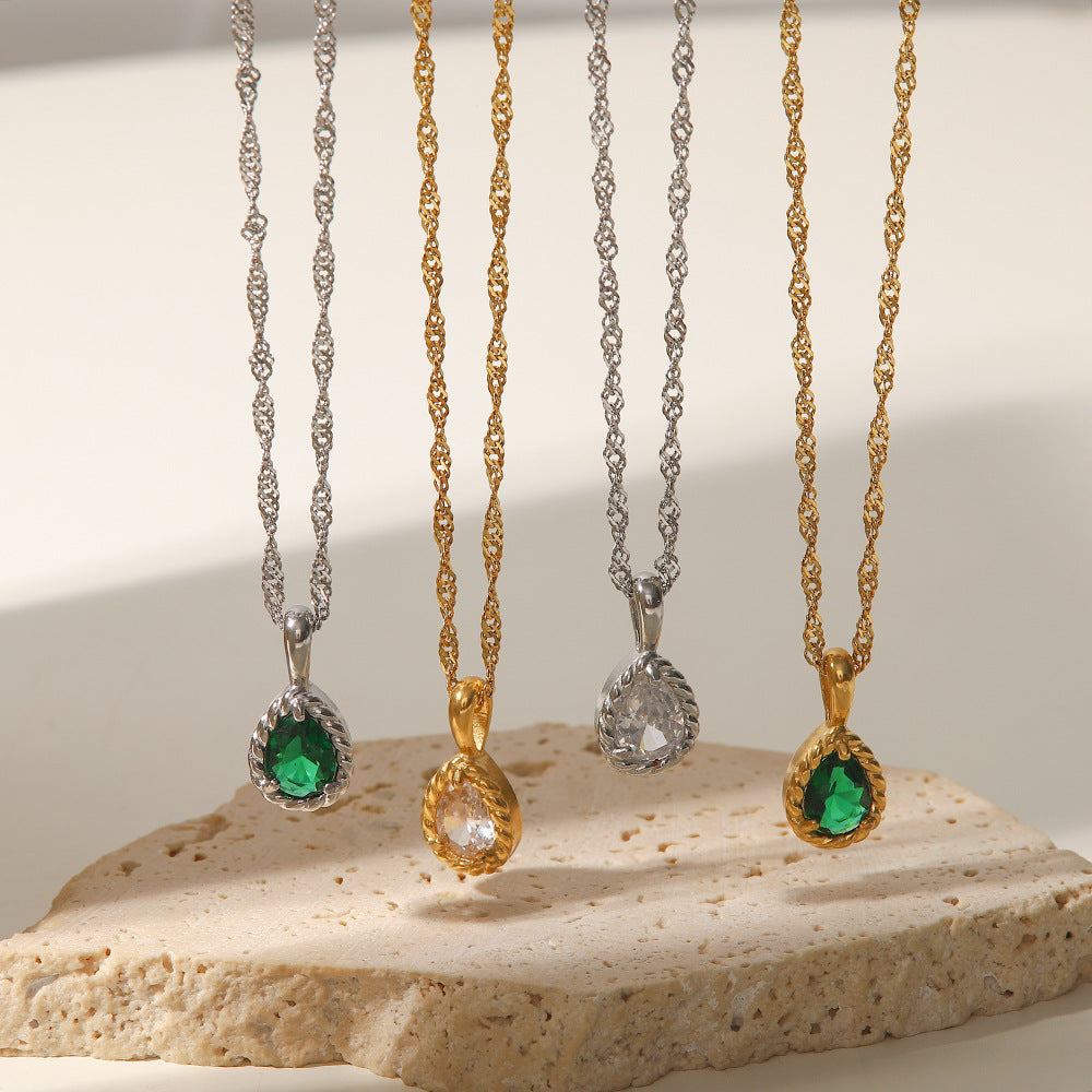 5pcs 18K Gold Plated Stainless Steel Twist Chain Inlaid With Green/Color/White Zircon Drop Pendant Necklace For Women