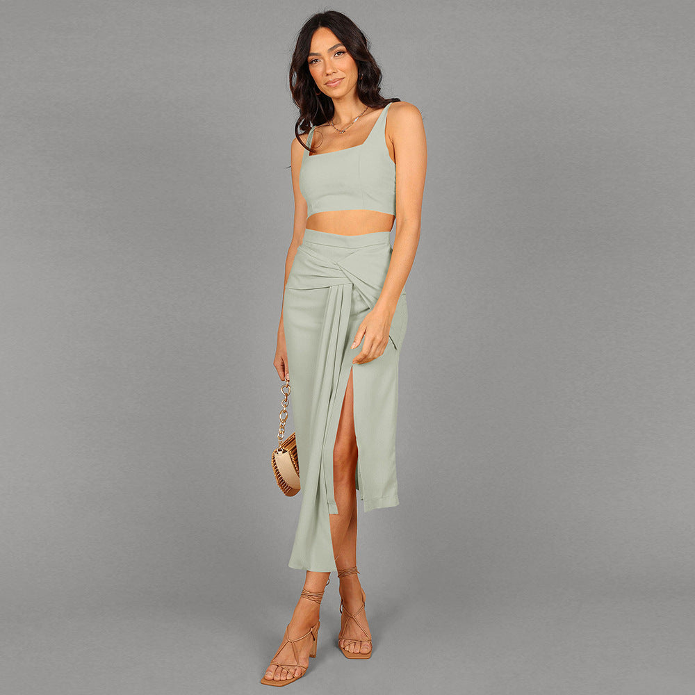 Elegant Two-Piece Solid Color Halter Top Sexy Split Skirt Fashion Suit For Women