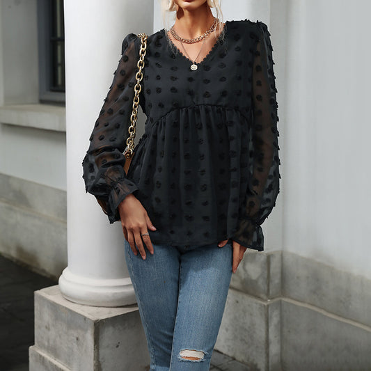 Early Autumn Fashion Shirt Thin Loose V-Neck Long-Sleeved Black Shirt