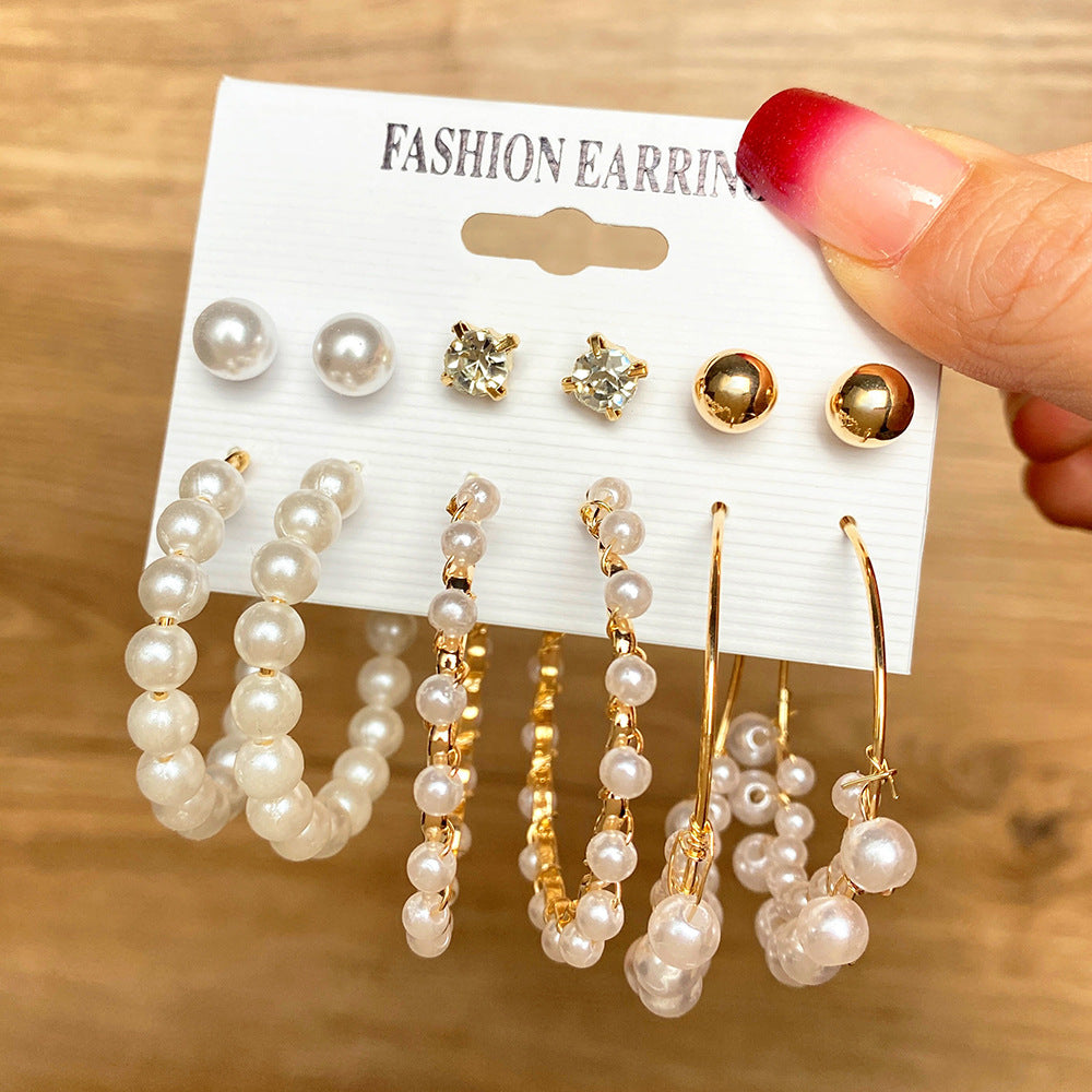 5 Sets New Pearl Earrings Set for Women Retro Metal Geometric C-Shaped 5 pairs Earrings