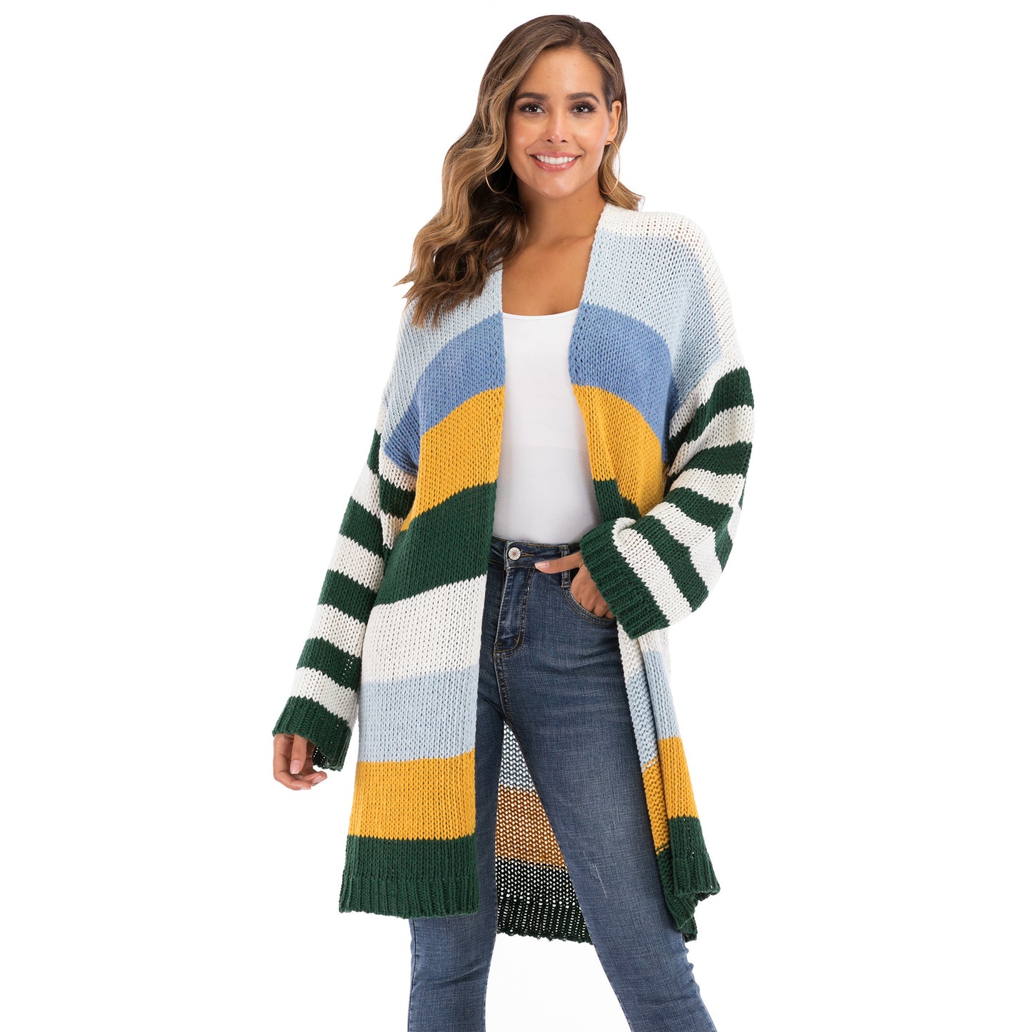 Women's Mixed Color Splicing Color Contrast Stripes Long Woven Sweater Thick Cardigan Coat