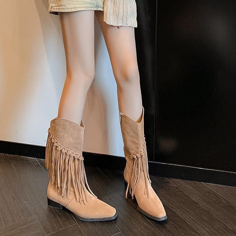Mid-Calf Tassel Boots Pointed Mid-Heel Vintage Western Cowboy Boots Ground Leather Brown Ankle Boots Female