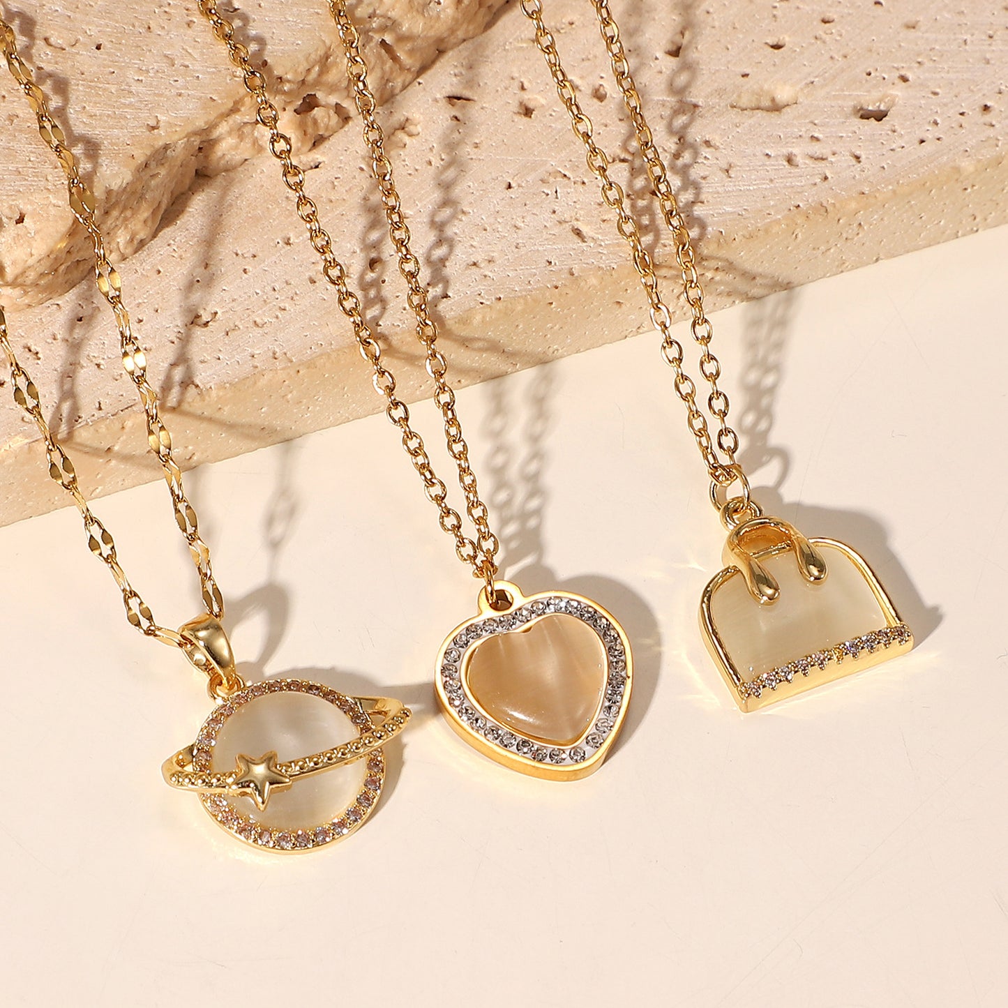 5pcs Jewelry Copper Set Zirconium Planet Pendant Stainless Steel Necklace Love Women's Bag Necklace