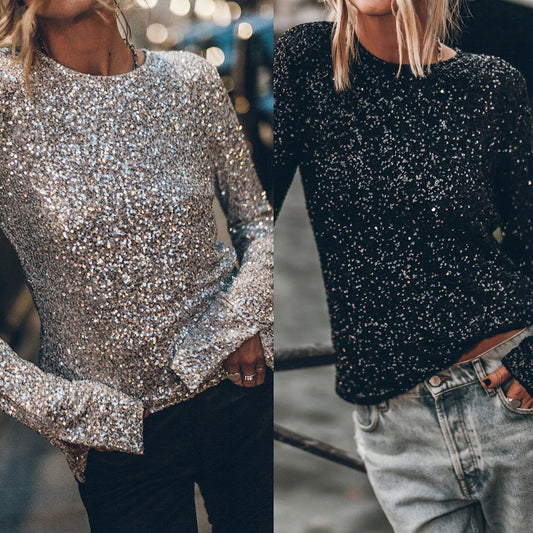 Fall/Winter New Party Sequin Long Sleeve Crew Neck Shirt Casual Loose Split Top