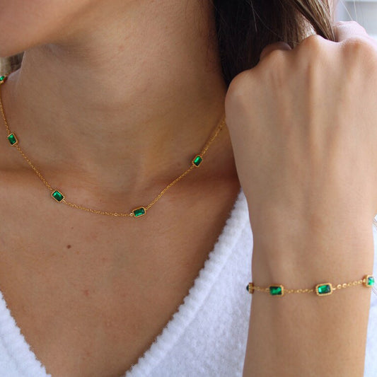 5pcs Style Square Emerald Zircon Necklace Light Luxury Niche High-Grade Titanium Steel Collar Bone Chain Necklace Bracelet