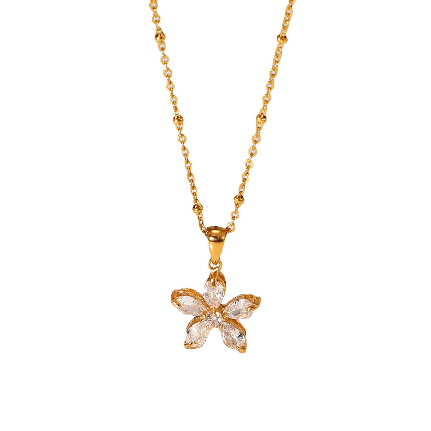 5pcs New Flower Necklace 18K Gold Plated Stainless Steel 16Mm White Zircon Five-Petal Flower Pendant Necklace For Women
