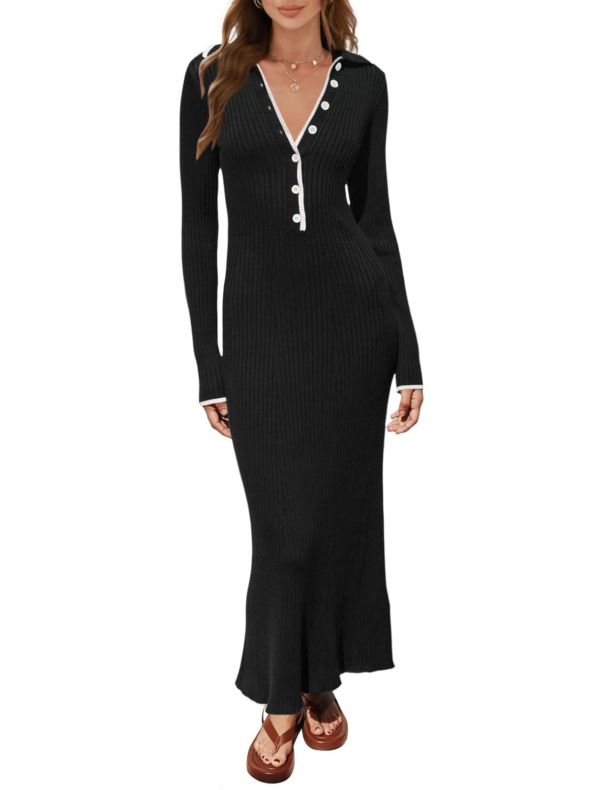 New Fashion Lapel Knitted Midi Skirt Slimming Temperament Cover Buttock Long-Sleeved Dress