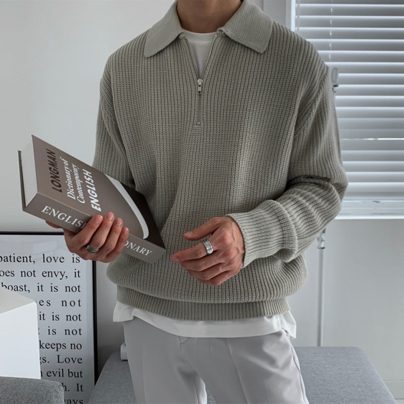 Polo Neck Sweater Men's Winter Thickened Loose Half Zip Knit Autumn And Winter Lazy Day Vintage Fashion Coat