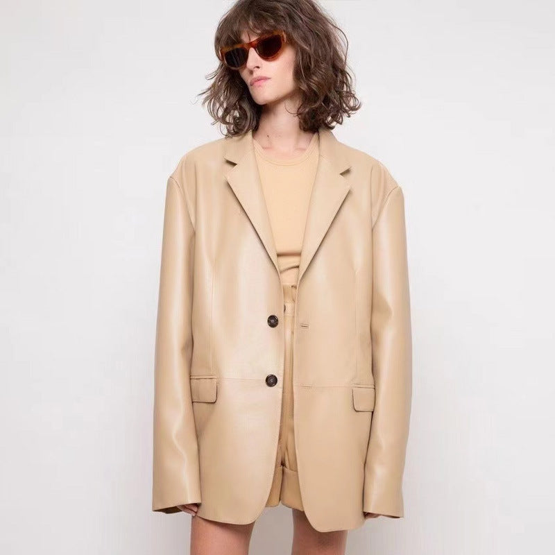American Wind New Autumn And Winter New Pu Suit Jacket Loose Two Button Long Sleeve