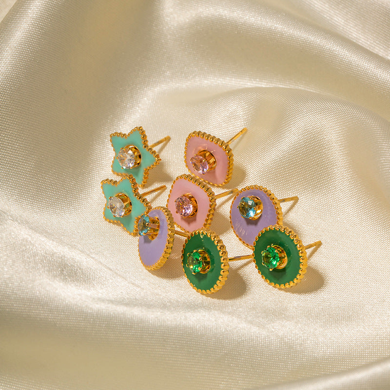 5pcs Personality Earrings New Fashion Titanium Steel 18K Gold Green Five-Pointed Star White Zircon Earrings For Women Jewelry