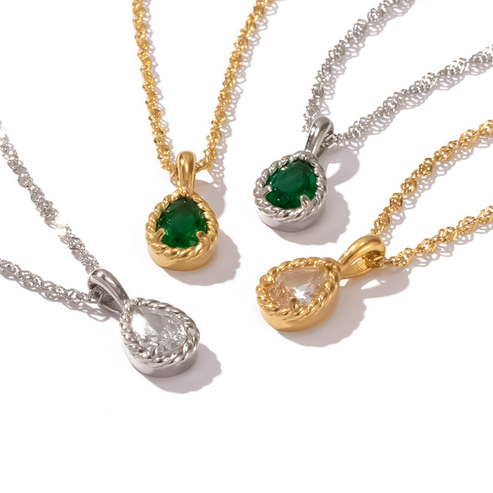 5pcs 18K Gold Plated Stainless Steel Twist Chain Inlaid With Green/Color/White Zircon Drop Pendant Necklace For Women