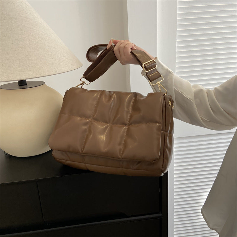 Female Large Capacity Cotton-Padded Bag Autumn And Winter Fashion Vintage Diamond Check Embroidery Line Shoulder Crossbody Bag