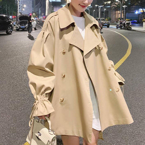 Autumn New Drawstring Version Loose Short Trench Coat Retro Popular Student Coat Female