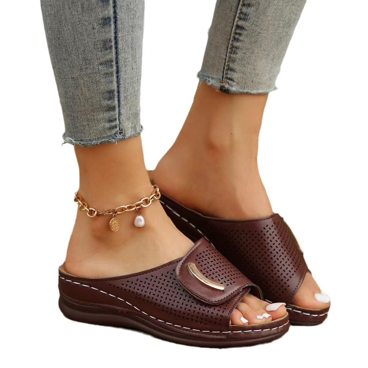 New Casual Round Head Compound Buckle Pu Leather One Line Wedge Slippers Female