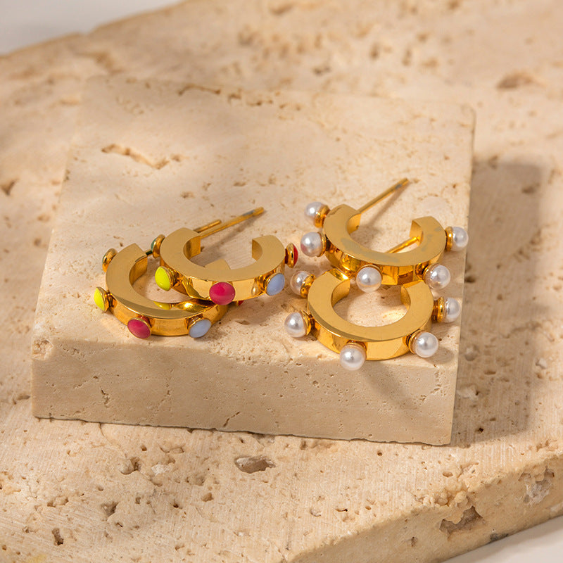5pcs Earrings 18K Gold C-Shaped White Pearl Earrings High Design Non-Fading Earrings For Women