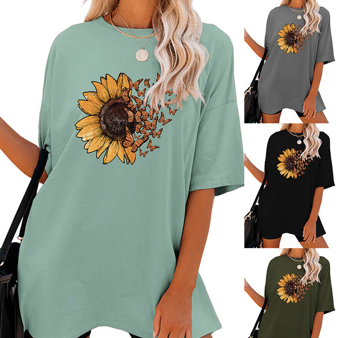 Casual Sunflower Print Loose T-Shirt Women's Round Neck Fashion Short Sleeve Shirt