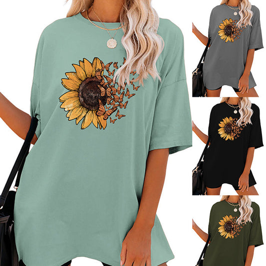 Casual Sunflower Print Loose T-Shirt Women's Round Neck Fashion Short Sleeve Shirt