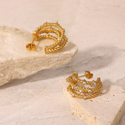 5pcs Ethos Gold Zircon C-Shaped Earrings Fashion Stainless Steel Vacuum Plating Fashion Personality Jewelry Earrings For Women