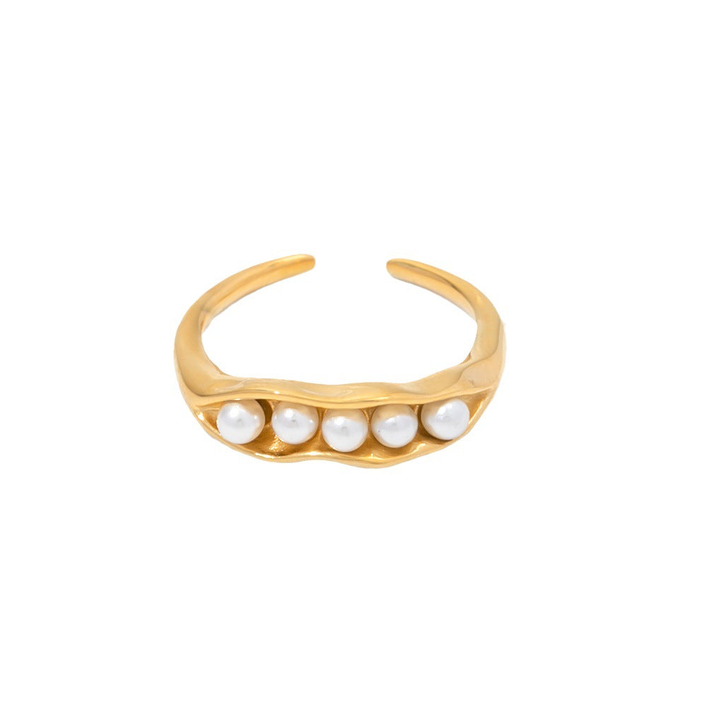 5pcs 18K Gold Plated Stainless Steel Pea Pod Design White Pearl Adjustable Ring For Women Accessories