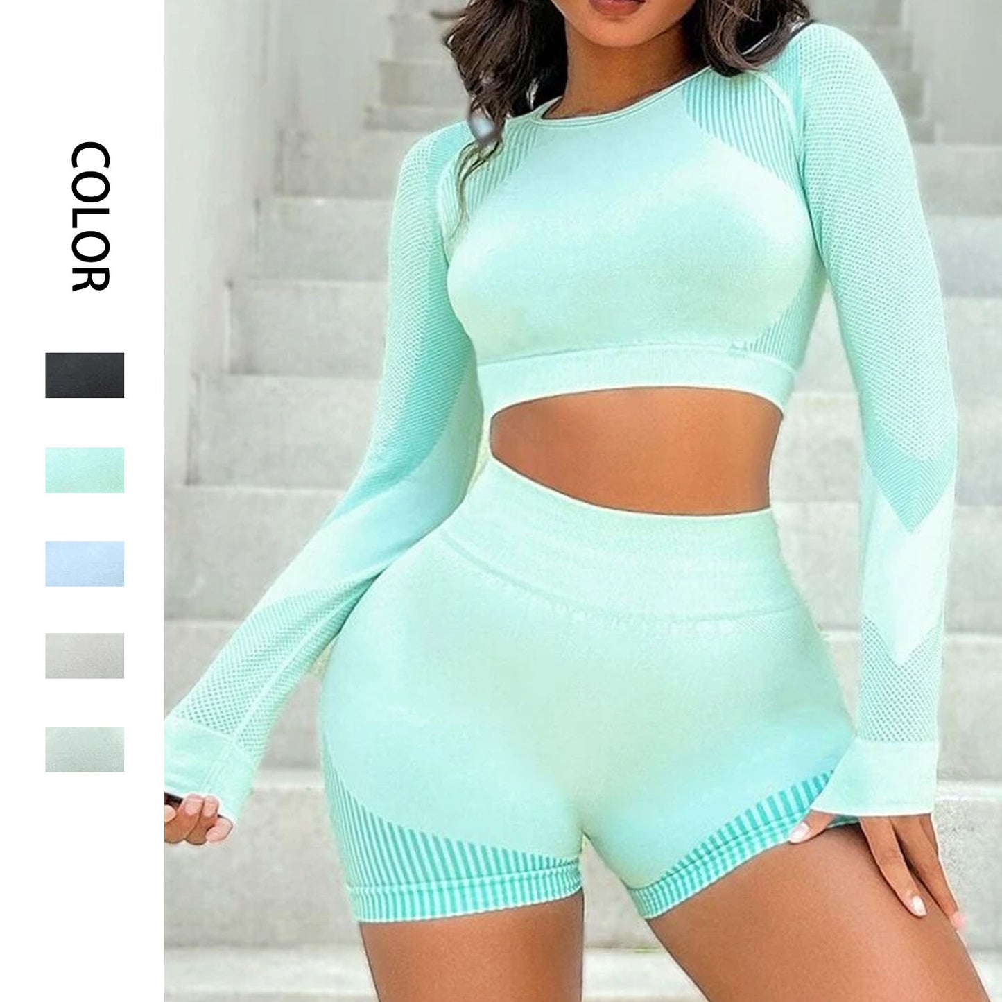 Seamless Sports Set High Waist Peach Butt Spot Fitness Long Sleeve Three-Point Yoga Shorts Set For Women