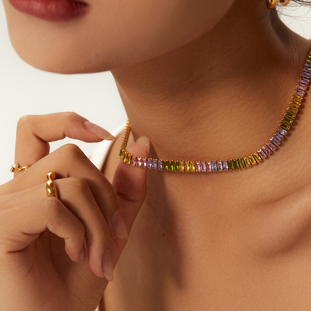 5pcs Popular With 18K Gold Plated Full Zircon Collar Stainless Steel Tennis Chain Zircon Bracelet Necklace Women's Style