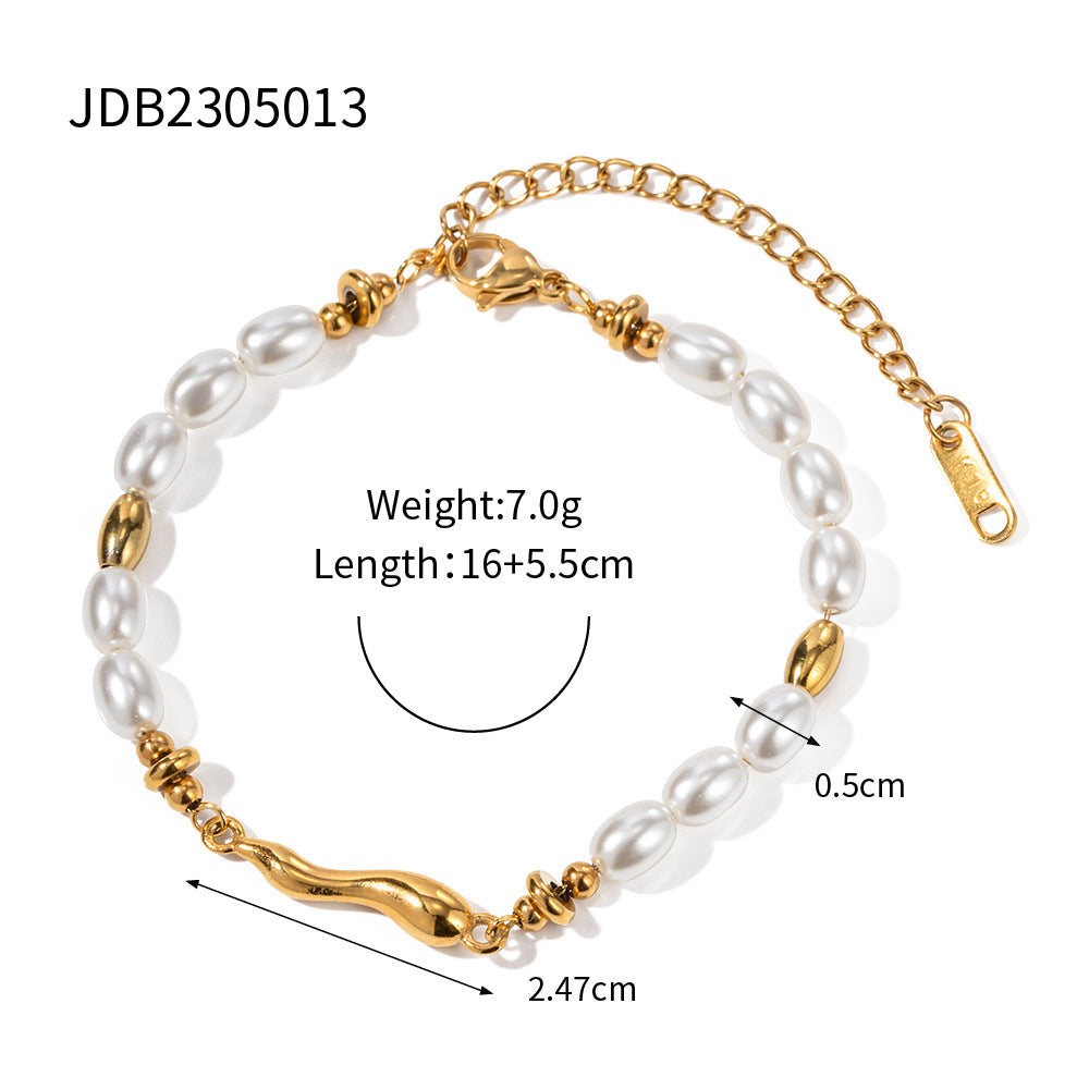 5pcs New Fashion Style 18K Stainless Steel Inlaid Pearl Shaped Drop Cast Piece Retro Hand Bracelet