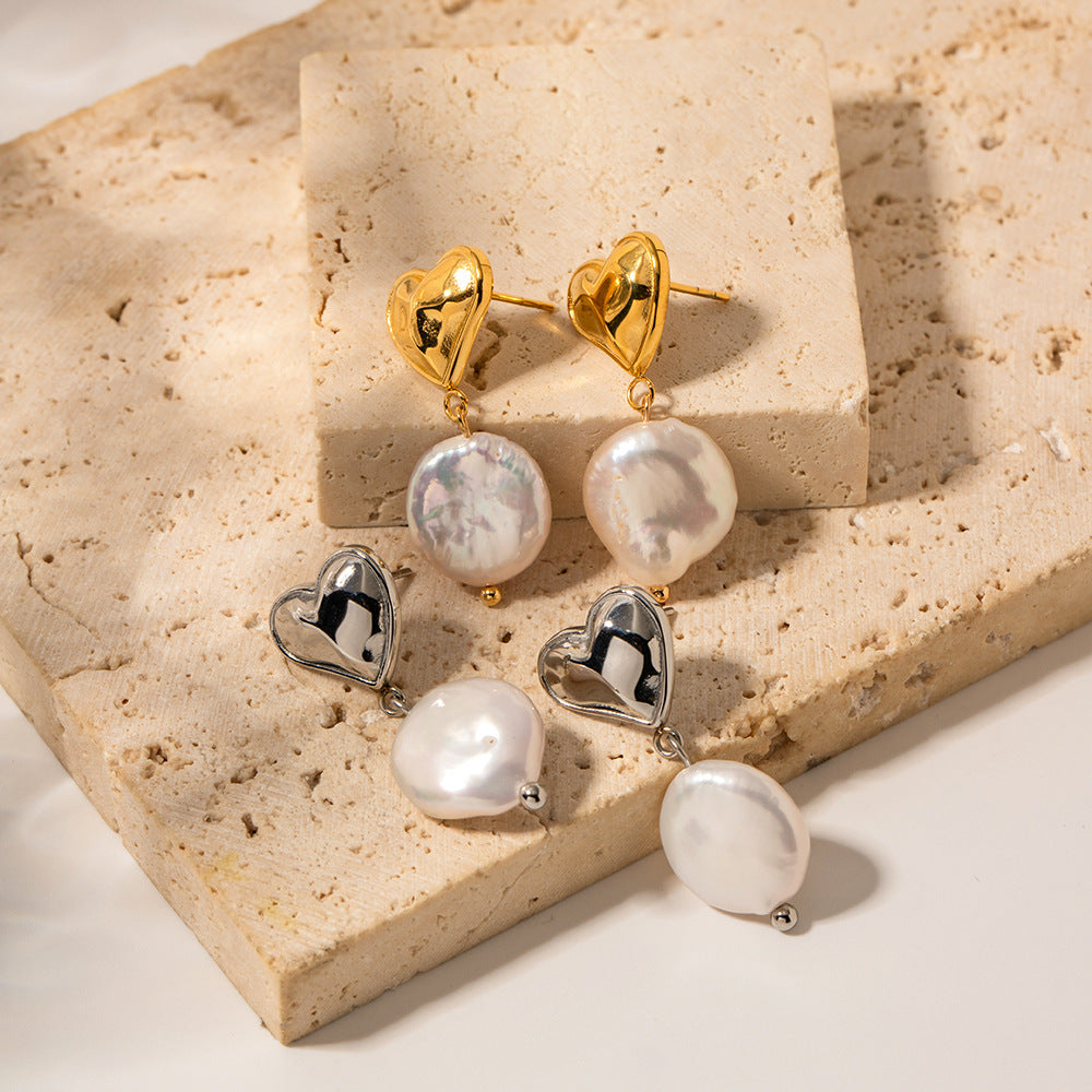 5pcs Style New 18K Gold Plated Vintage Stainless Steel Heart Baroque Pearl Pendant Earrings Earrings