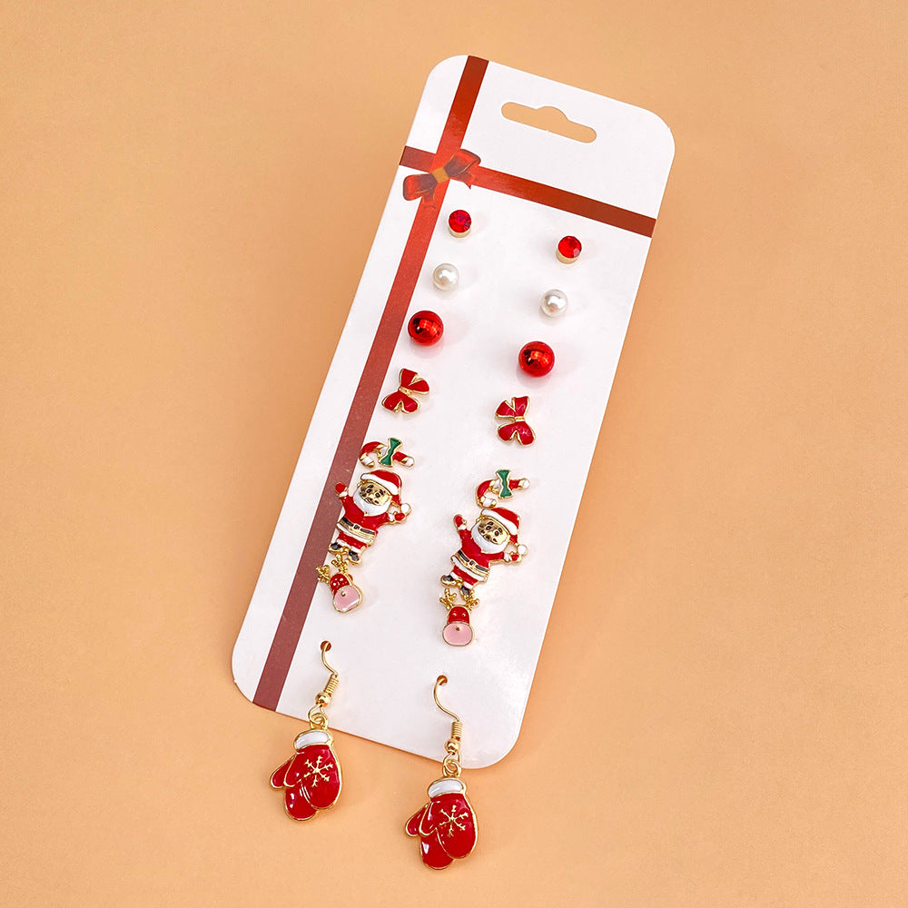 Christmas Earrings Set New Drip Oil Creative Santa Claus Snowman Christmas Tree Earrings 6-Piece Set