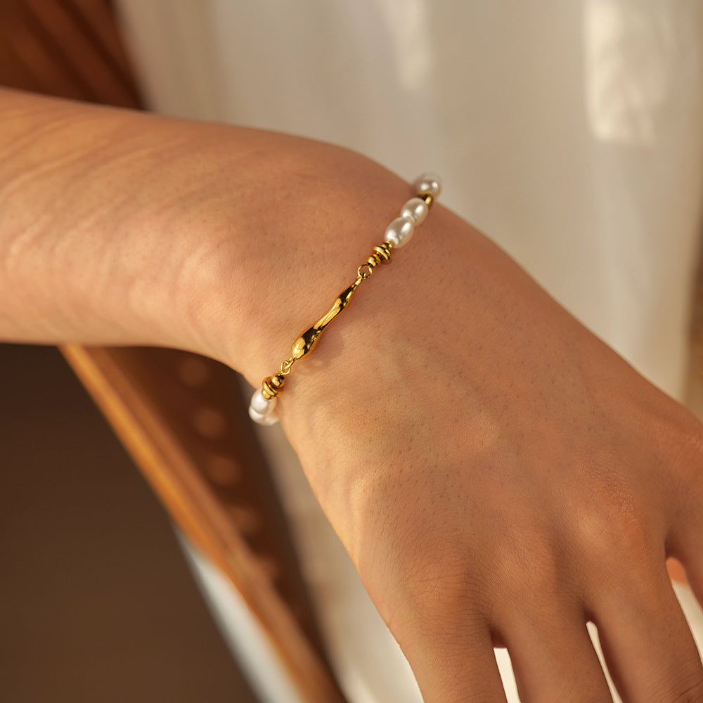 5pcs New Fashion Style 18K Stainless Steel Inlaid Pearl Shaped Drop Cast Piece Retro Hand Bracelet