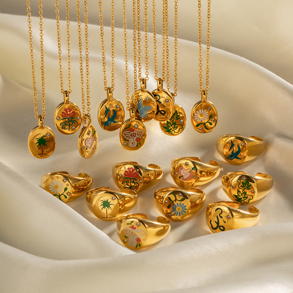 5pcs Style Enamel 18K Gold Plated Stainless Steel Pendant Necklace Does Not Fade Jewelry