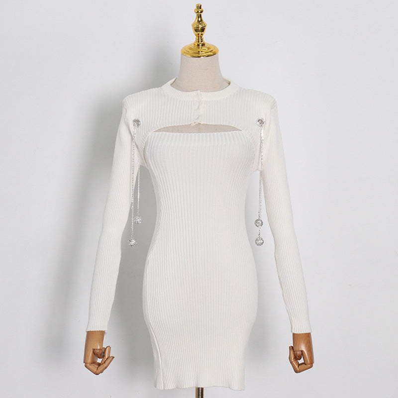 Knitted Round Neck New Fashion Temperament Sexy Hollow Adjustable Patchwork Slim Short Bag Buttock Dress