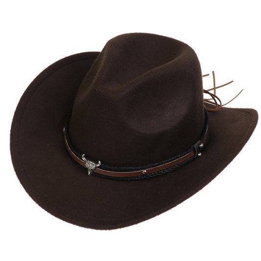 Western Cowboy Hat Wool Cow-Head Chain Jazz Hat With Hem Vintage Tibetan Hat Cross Felt Hat Trend